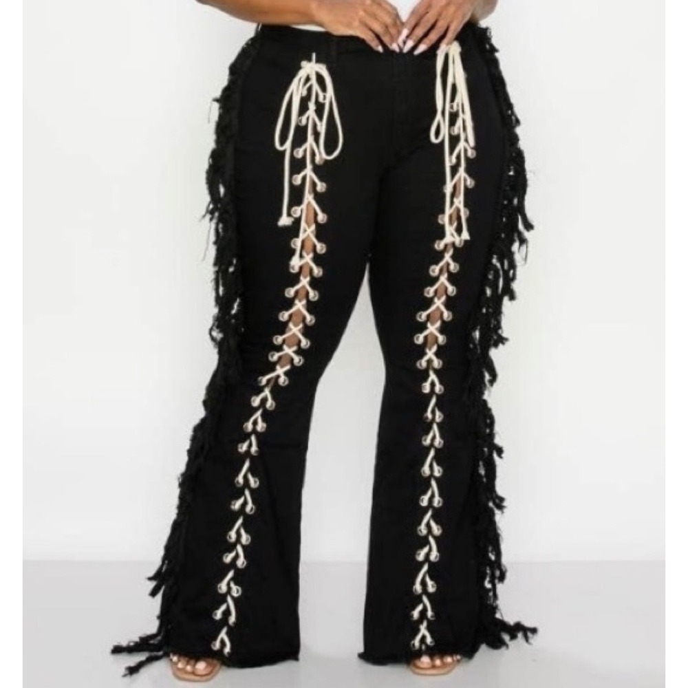 Boutique Black Rope Flares Women Size 15 Fringe Western Going Out Festival Jeans